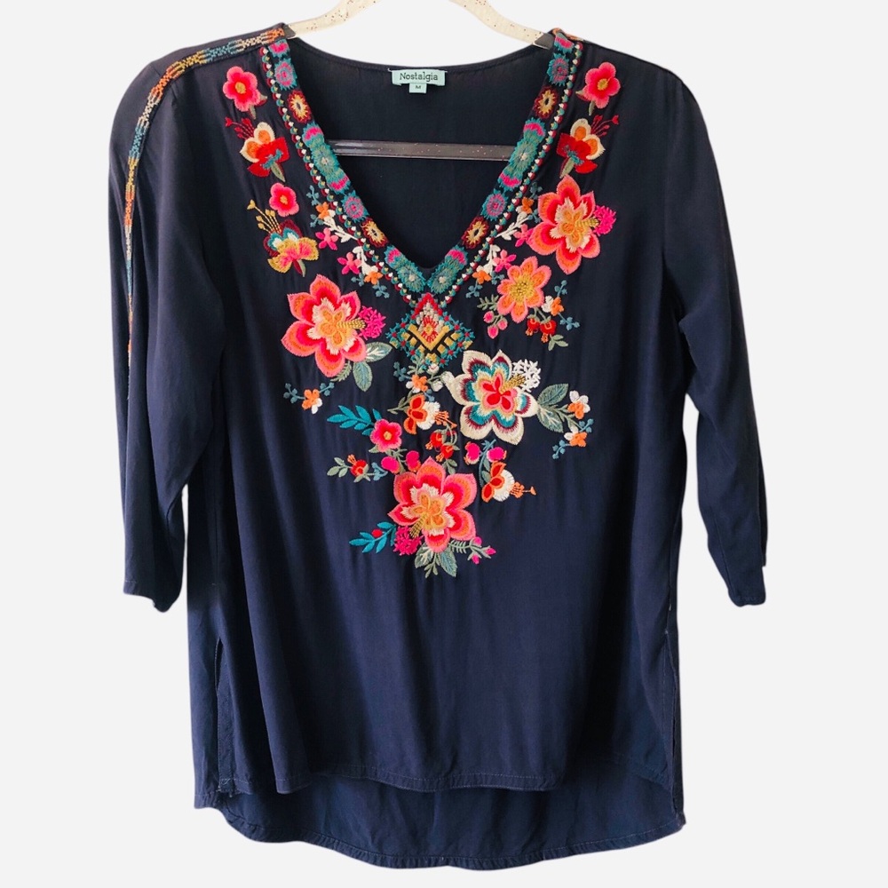 Nostalgia Navy Floral Embroidered Blouse Medium Boho Tunic